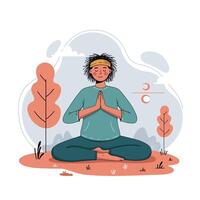 Man Meditating in Nature with Calm Expression and Orange Headband in Relaxing Outdoor Setting vector