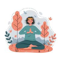 Woman practicing meditation outdoors with autumn trees and calm atmosphere in nature setting vector