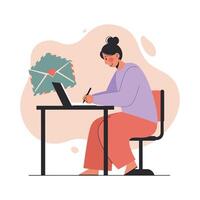 Woman writing letter at desk with laptop and envelope symbolizing digital communication and connection in modern lifestyle vector