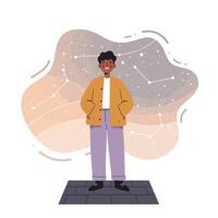 Young person standing with hands in pockets under constellation night sky with abstract star patterns and cosmic elements vector