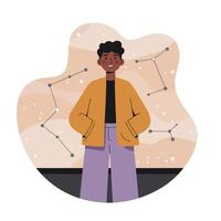 Young person standing confidently with constellation background in muted tones and casual outfit in digital illustration style vector