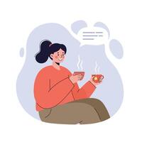 Woman enjoying two steaming hot beverages in casual setting with speech bubble communication vector