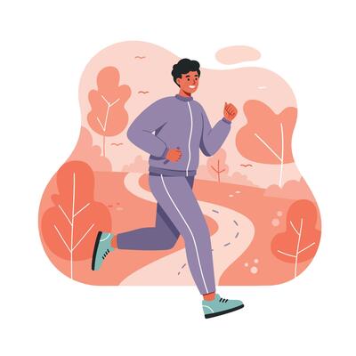 Man jogging outdoors in autumn landscape with orange trees and cloudy sky fitness activity natural setting