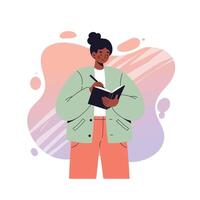Woman writing in notebook with colorful abstract background simple illustration in casual outfit vector
