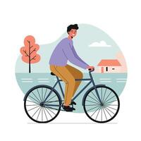 Man riding bicycle outdoors with autumn tree and house in background in flat style illustration vector
