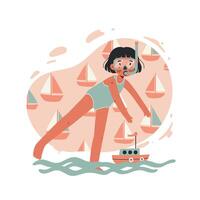 Child playing with toy boat in water with sailboat pattern background in soft pastel colors vector