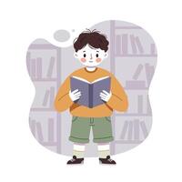 Boy reading book with orange sweater and green shorts in library background educational learning concept vector