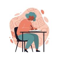 Person focused on writing at desk with abstract book background in calm study environment vector