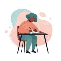 Young person sitting at desk writing with pencil in casual clothing and focused expression in abstract background vector