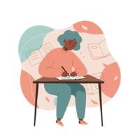 Young person writing at desk with colorful abstract background in teal and peach tones natural study scene vector