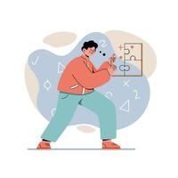 Person Solving Puzzle Game with Mathematical Symbols and Abstract Shapes in Casual Outfit Engaged in Thought Process vector