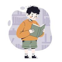 Young boy reading book in library setting with casual clothing and calm expression vector