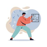 Young person solving math problems with abstract symbols in educational concept illustration vector