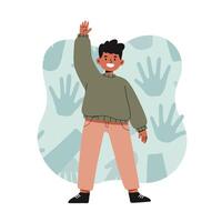 Smiling boy waving hand in casual outfit with abstract handprints background illustration vector