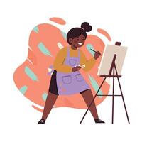 Woman painting on canvas easel wearing apron creating art with brush and palette indoors vector