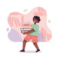 Child carrying stack of books in library with smiling face and casual clothes indoors scene vector