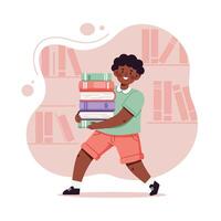 Boy carrying stack of colorful books in library background with bookshelf design and casual clothes vector