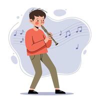 Boy playing clarinet with musical notes floating in background simple illustration vector