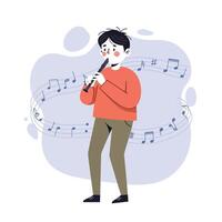 Boy playing clarinet with music notes floating around in creative illustration style vector