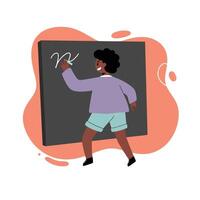 Young boy writing on blackboard with white chalk in educational setting with orange background illustration vector