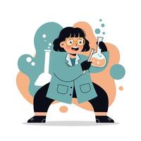 Female scientist conducting chemical experiment in laboratory with flasks and test tubes in cartoon style vector