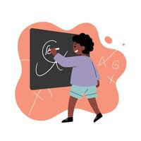Child writing mathematical equations on blackboard in classroom with orange background digital illustration vector