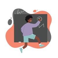 Child drawing on blackboard with chalk in creative classroom environment for learning development vector