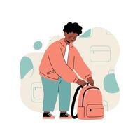 Boy packing backpack for school with casual clothes and indoor setting in simple illustration style vector