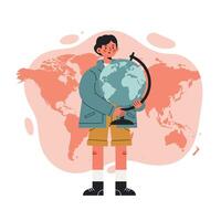 Child holding globe with world map background illustrating geography education and global awareness for learning vector