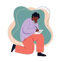Person in purple top and coral pants writing on paper with thoughtful expression on abstract background vector