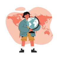 Boy holding globe standing in front of world map in flat design style with muted colors and casual outfit vector
