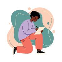 Young person writing on paper with pen kneeling in casual clothing with abstract background in soft colors vector