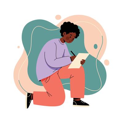 Young person writing on paper with pen kneeling in casual clothing with abstract background in soft colors