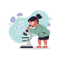 Child examining samples using microscope in educational science activity for young learners vector