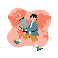 Child holding globe with world map background educational concept for geography and travel exploration vector