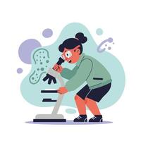 Young girl using microscope for science experiment in casual clothing focused on discovery and learning process vector
