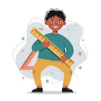 Happy smiling boy holding large yellow ruler with triangular ruler background in playful pose illustration vector