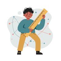 Boy holding giant ruler measuring for science education and learning activities with atom model background vector