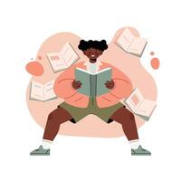 Child reading books surrounded by floating open books in educational learning environment illustration vector