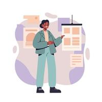 Business professional presenting data on hanging board in office environment with pastel background colors vector