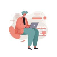 Person in coral jacket working on laptop with abstract digital background in muted colors vector