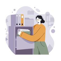 Woman organizing documents in office filing cabinet with folders and files in modern workspace illustration vector
