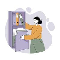 Woman organizing documents in purple filing cabinet with folders and binders in office environment vector