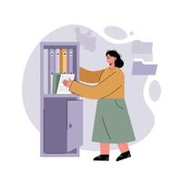 Woman organizing documents in filing cabinet in office environment with folders and paperwork vector