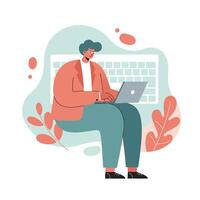 Person working on laptop with abstract keyboard background and green and coral color palette digital illustration vector