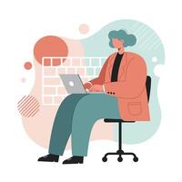 Woman working remotely on laptop in office chair with abstract background and muted color palette vector