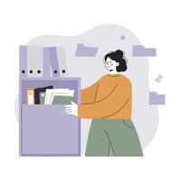 Woman organizing documents in office cabinet with folders and papers in soft colors vector