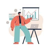 Business professional presenting financial growth chart in modern office environment with laptop and pointer vector