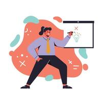 Businesswoman presenting idea on whiteboard with colorful abstract background in modern illustration style vector