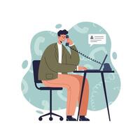 Man using telephone while working on laptop in office setting with modern communication tools vector